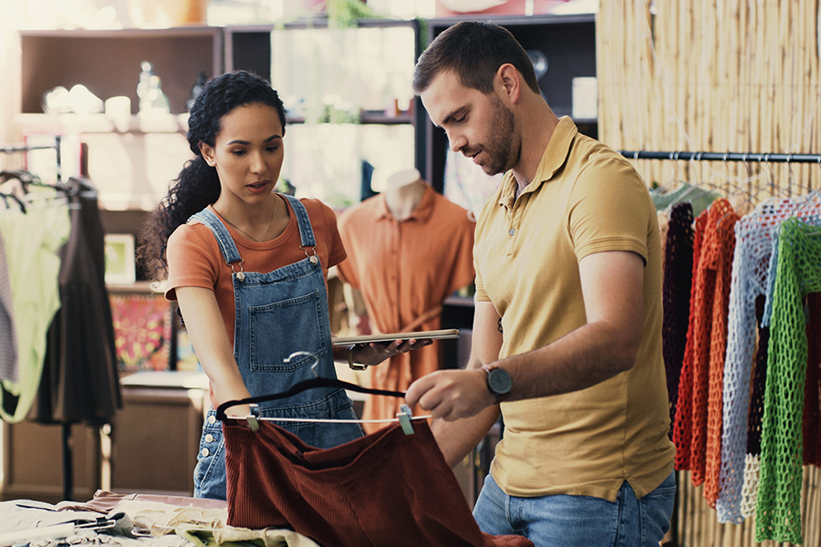 A man and woman in casual clothes discuss clothing items in a store, with racks of garments in the background.